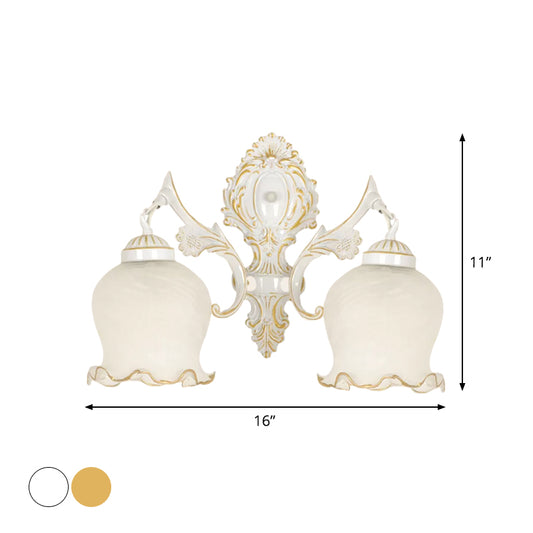 Bronze/White Ruffle Wall Sconce Light Traditional Frosted Glass 2 Heads Living Room Wall Light Fixture Clearhalo 'Wall Lamps & Sconces' 'Wall Lights' Lighting' 1960419