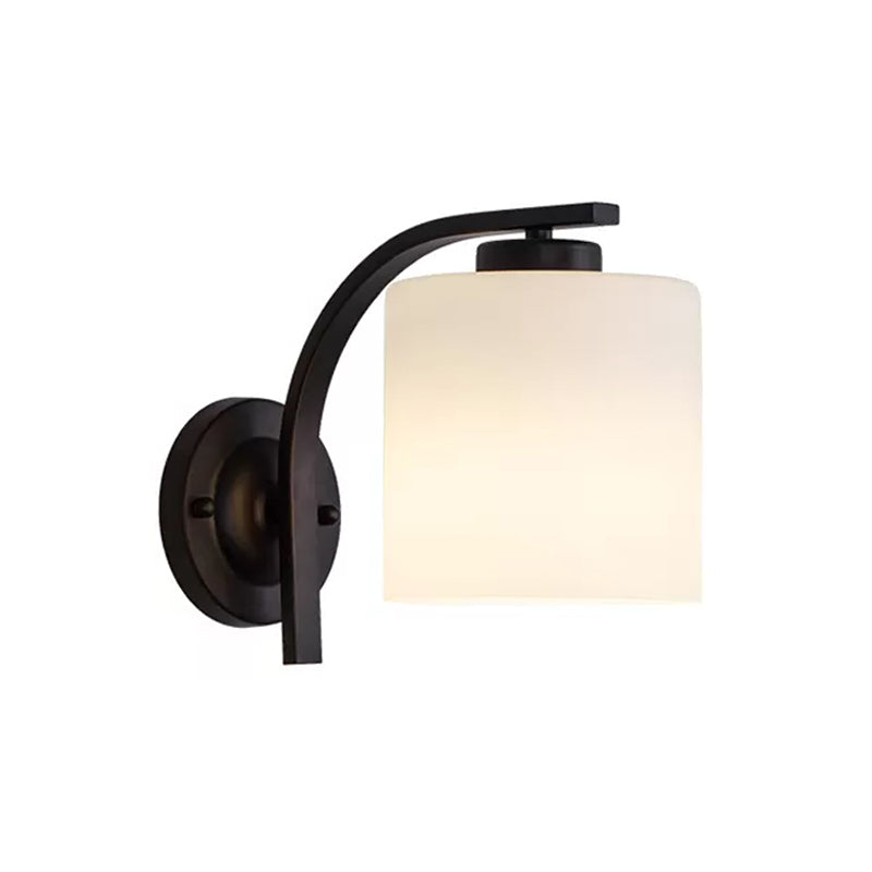 Black 1-Light Wall Sconce Simple Ivory Glass Cylinder Wall Mounted Lamp with Curved Arm Clearhalo 'Wall Lamps & Sconces' 'Wall Lights' Lighting' 1960425