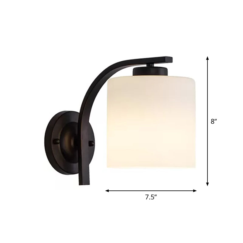 Black 1-Light Wall Sconce Simple Ivory Glass Cylinder Wall Mounted Lamp with Curved Arm Clearhalo 'Wall Lamps & Sconces' 'Wall Lights' Lighting' 1960426