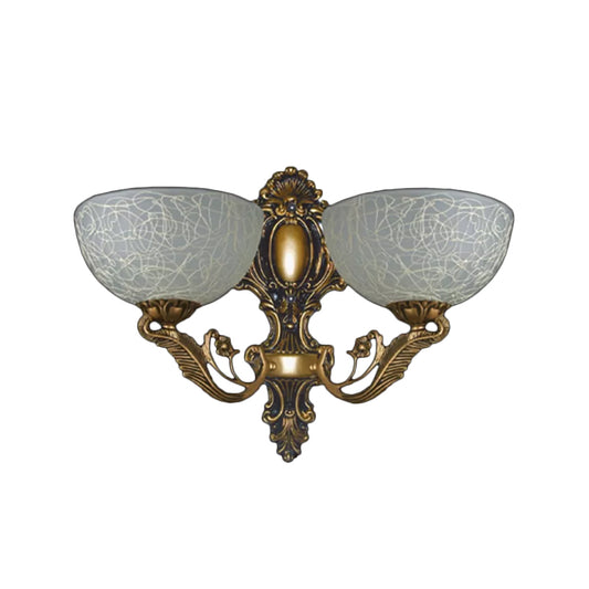 Bowl White Patterned Glass Sconce Lamp Rural 2 Bulbs Foyer Wall Mount Light in Bronze Clearhalo 'Wall Lamps & Sconces' 'Wall Lights' Lighting' 1960441