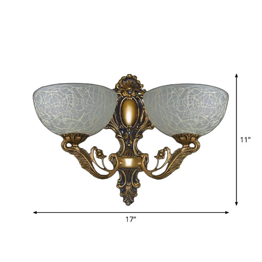 Bowl White Patterned Glass Sconce Lamp Rural 2 Bulbs Foyer Wall Mount Light in Bronze Clearhalo 'Wall Lamps & Sconces' 'Wall Lights' Lighting' 1960442