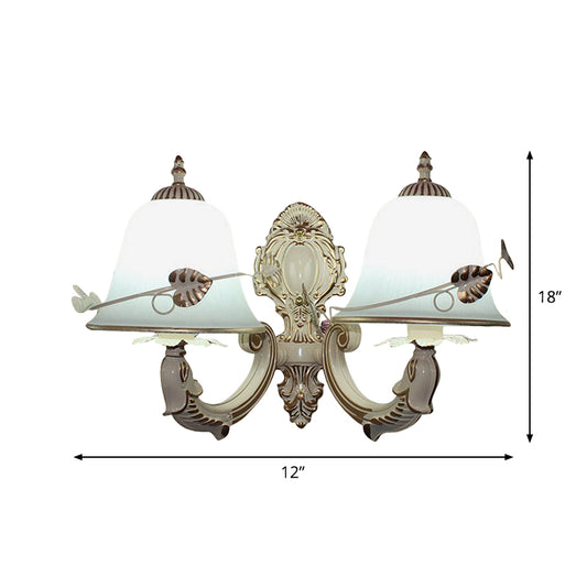 Distressed White 2 Heads Wall Sconce Rustic Frosted Glass Bell Wall Mounted Lamp for Living Room Clearhalo 'Wall Lamps & Sconces' 'Wall Lights' Lighting' 1960450