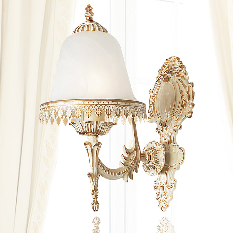 Beige Bell Wall Lamp Fixture Farmhouse Opal Glass 1-Light Bedroom Sconce Light with Carved Trim Beige Clearhalo 'Wall Lamps & Sconces' 'Wall Lights' Lighting' 1960451