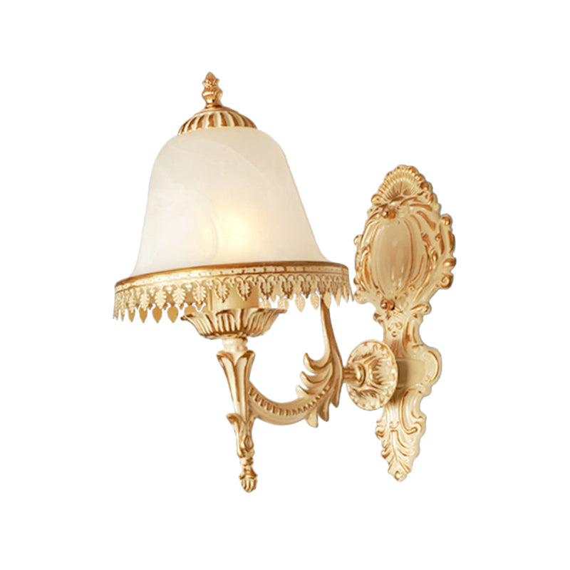 Beige Bell Wall Lamp Fixture Farmhouse Opal Glass 1-Light Bedroom Sconce Light with Carved Trim Clearhalo 'Wall Lamps & Sconces' 'Wall Lights' Lighting' 1960454