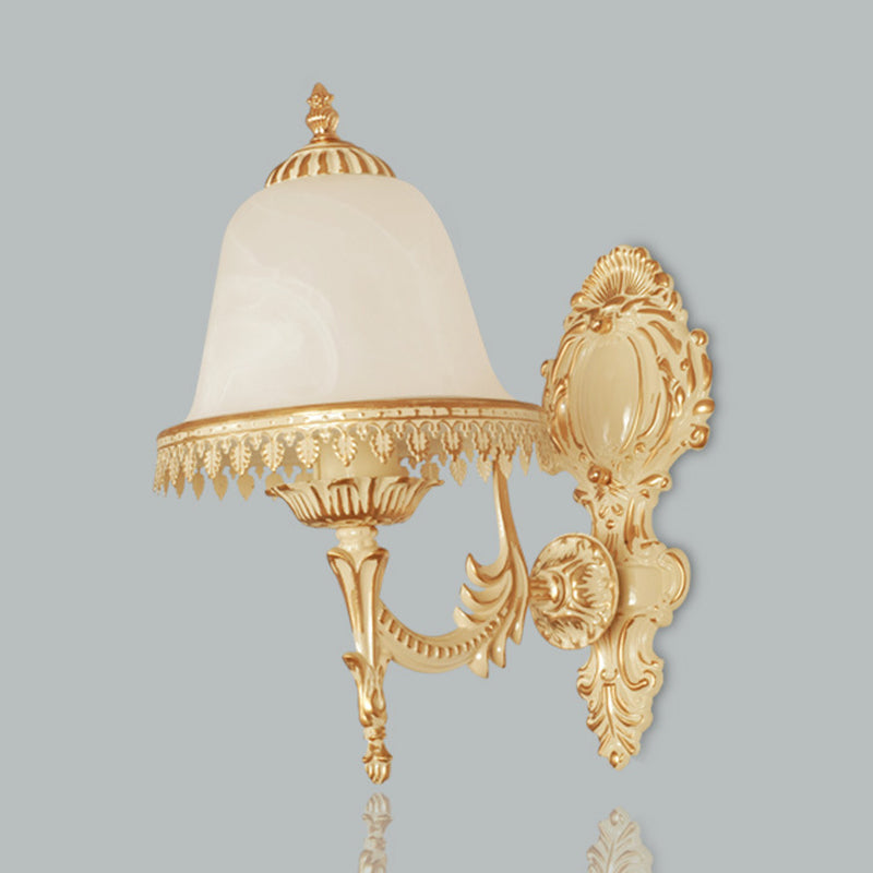 Beige Bell Wall Lamp Fixture Farmhouse Opal Glass 1-Light Bedroom Sconce Light with Carved Trim Clearhalo 'Wall Lamps & Sconces' 'Wall Lights' Lighting' 1960455