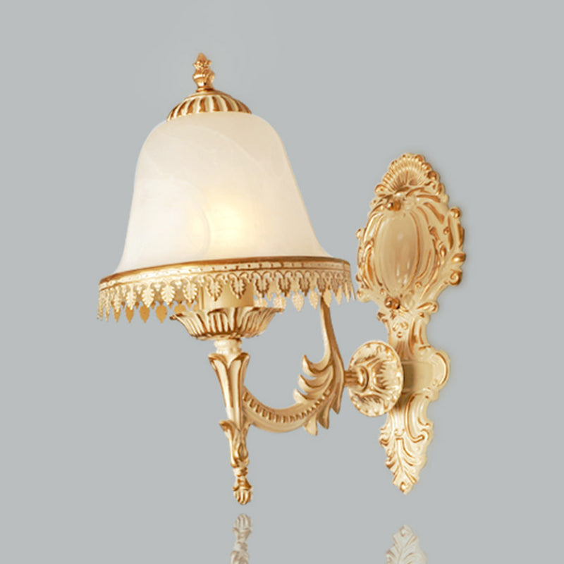 Beige Bell Wall Lamp Fixture Farmhouse Opal Glass 1-Light Bedroom Sconce Light with Carved Trim Clearhalo 'Wall Lamps & Sconces' 'Wall Lights' Lighting' 1960456