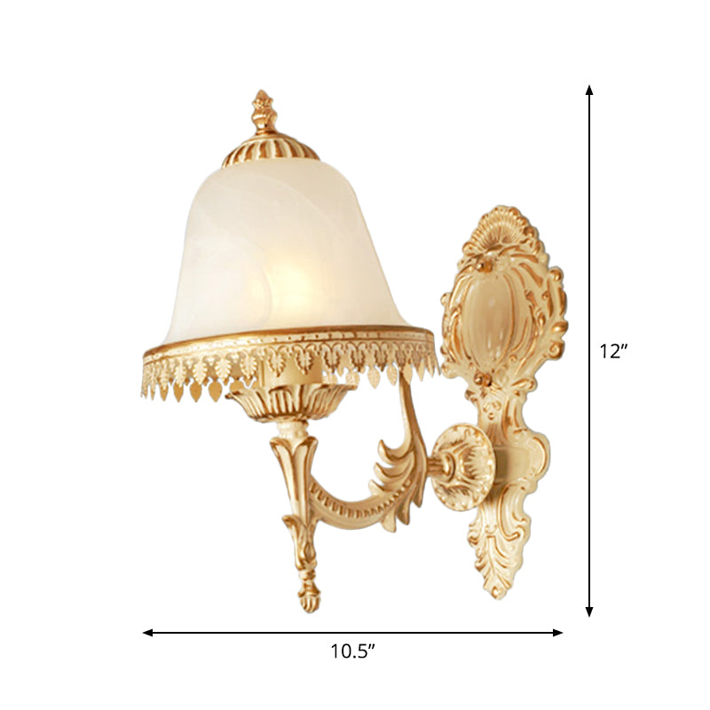 Beige Bell Wall Lamp Fixture Farmhouse Opal Glass 1-Light Bedroom Sconce Light with Carved Trim Clearhalo 'Wall Lamps & Sconces' 'Wall Lights' Lighting' 1960457