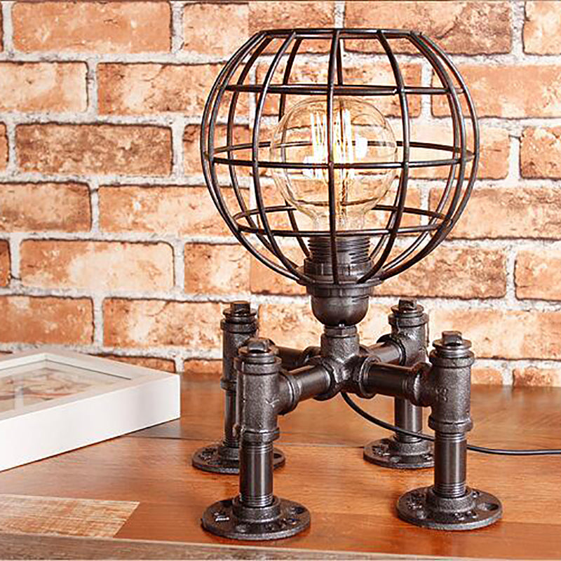 1-Light Global Cage Table Lamp Farmhouse Style Aged Silver/Bronze Wrought Iron Table Light with Piped Base Aged Silver Clearhalo 'Lamps' 'Table Lamps' Lighting' 196065