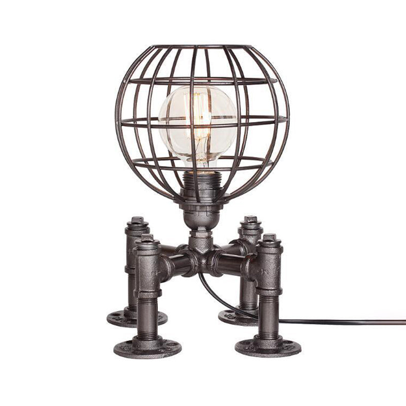 1-Light Global Cage Table Lamp Farmhouse Style Aged Silver/Bronze Wrought Iron Table Light with Piped Base Clearhalo 'Lamps' 'Table Lamps' Lighting' 196066