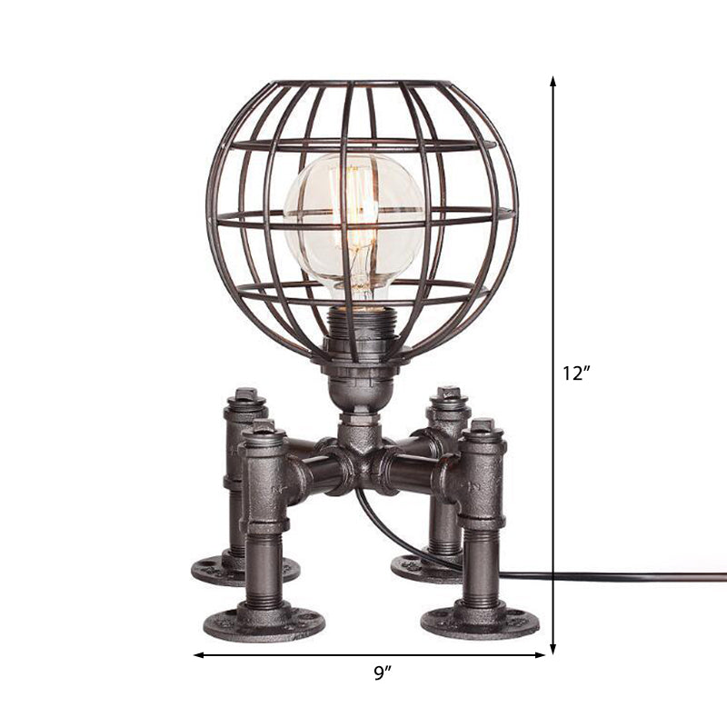 1-Light Global Cage Table Lamp Farmhouse Style Aged Silver/Bronze Wrought Iron Table Light with Piped Base Clearhalo 'Lamps' 'Table Lamps' Lighting' 196067