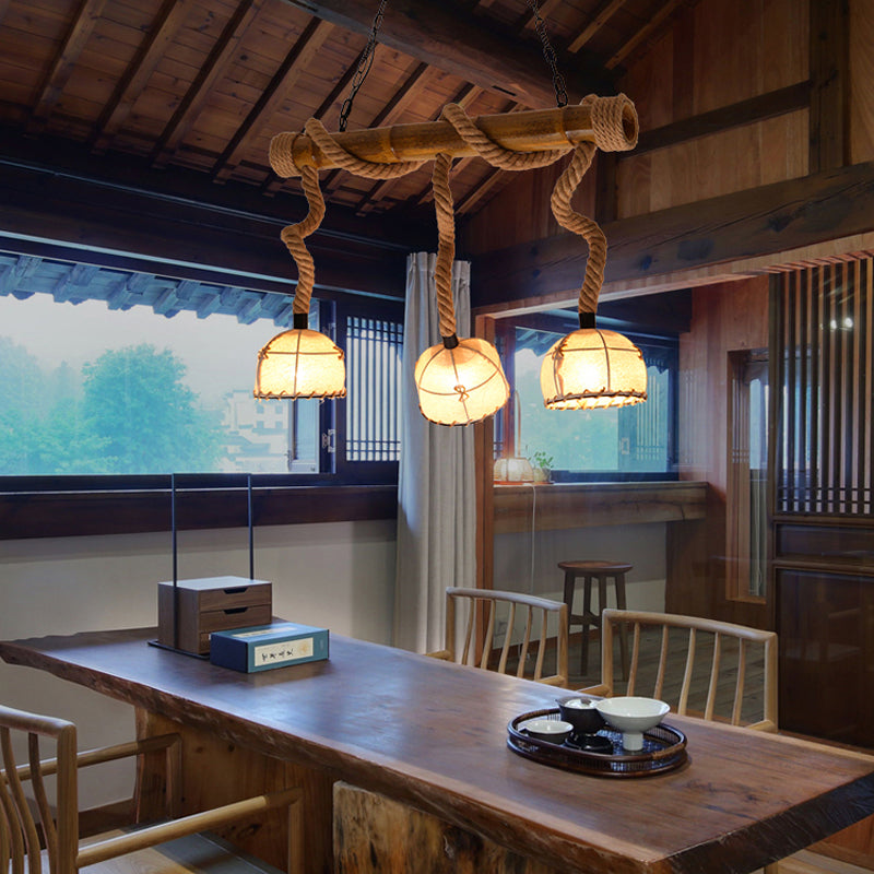 Bamboo Linear Island Lighting Lodge 3 Heads Restaurant Island Pendant Light with Cage Shade and Rope in Beige Beige Clearhalo 'Ceiling Lights' 'Island Lights' Lighting' 196071