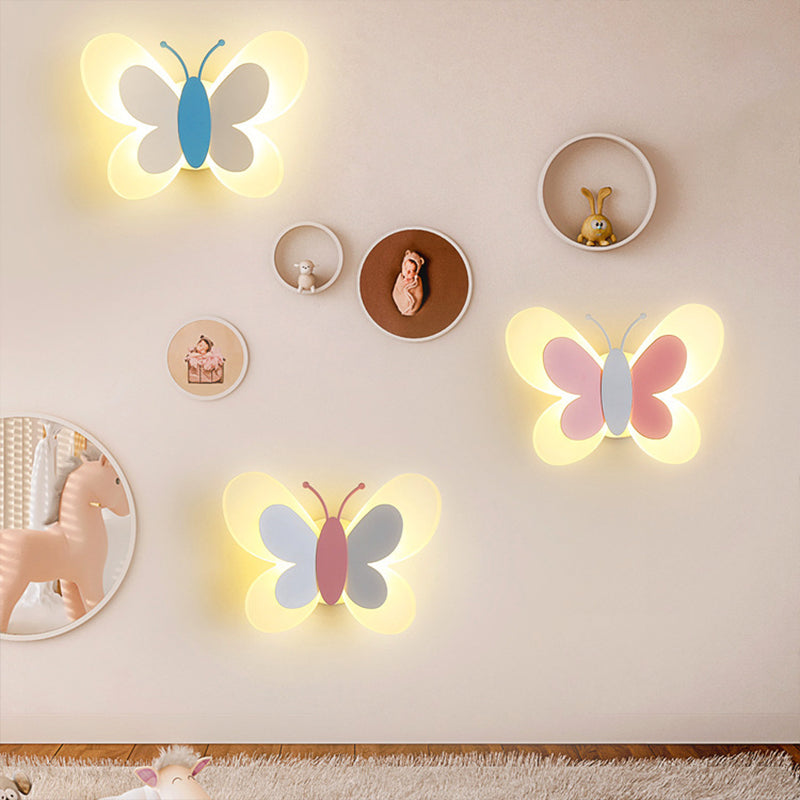 Butterfly LED Sconce Lamp Cartoon Acrylic Pink/White/Blue LED Wall Lighting Fixture in Warm/White Light for Kindergarten Blue Clearhalo 'Modern wall lights' 'Modern' 'Wall Lamps & Sconces' 'Wall Lights' Lighting' 1960744