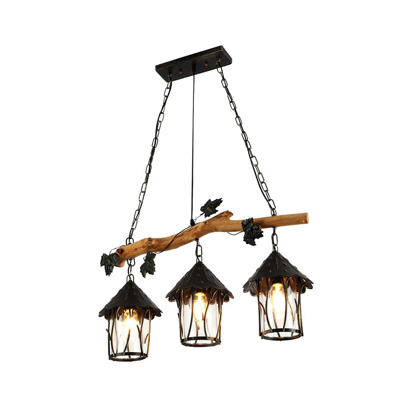 Black Lantern Island Light Fixture Industrial Clear Glass 3-Bulb Kitchen Hanging Lamp, 27" Wide Clearhalo 'Ceiling Lights' 'Island Lights' Lighting' 196241