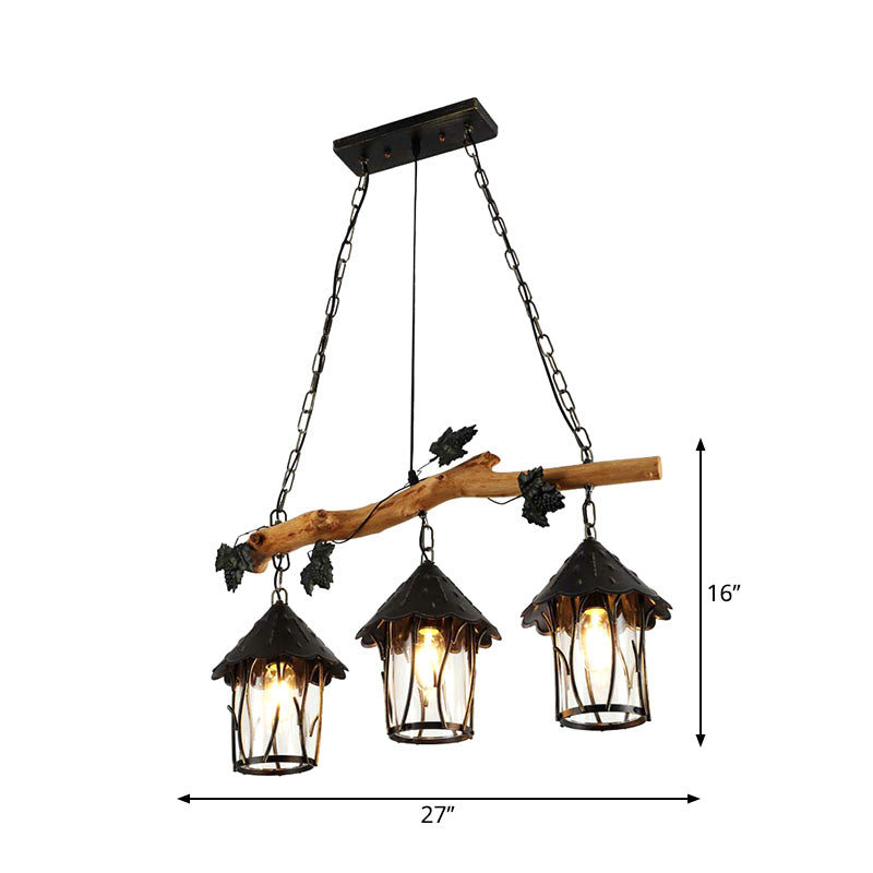 Black Lantern Island Light Fixture Industrial Clear Glass 3-Bulb Kitchen Hanging Lamp, 27" Wide Clearhalo 'Ceiling Lights' 'Island Lights' Lighting' 196242