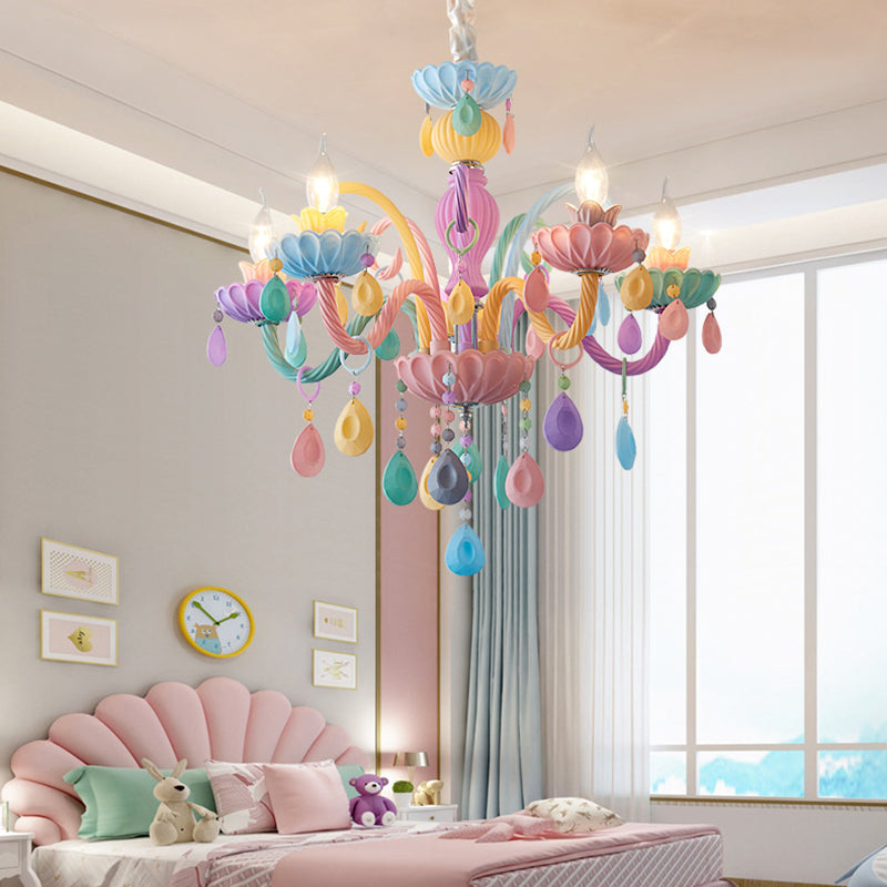 Candle Kid Bedroom Chandelier Glass Macaron Style Multi-Color Suspension Light with Teardrop Crystal Clearhalo 'Ceiling Lights' 'Chandeliers' Lighting' options 196317