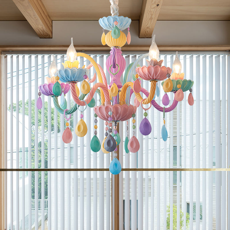 Candle Kid Bedroom Chandelier Glass Macaron Style Multi-Color Suspension Light with Teardrop Crystal Clearhalo 'Ceiling Lights' 'Chandeliers' Lighting' options 196318