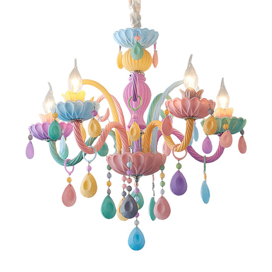 Candle Kid Bedroom Chandelier Glass Macaron Style Multi-Color Suspension Light with Teardrop Crystal Clearhalo 'Ceiling Lights' 'Chandeliers' Lighting' options 196319