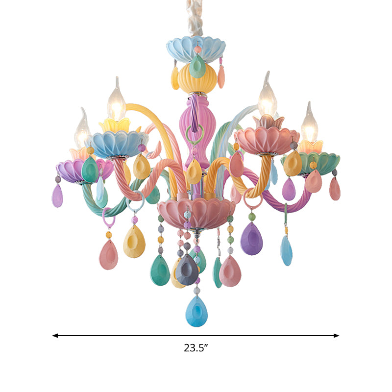 Candle Kid Bedroom Chandelier Glass Macaron Style Multi-Color Suspension Light with Teardrop Crystal Clearhalo 'Ceiling Lights' 'Chandeliers' Lighting' options 196320