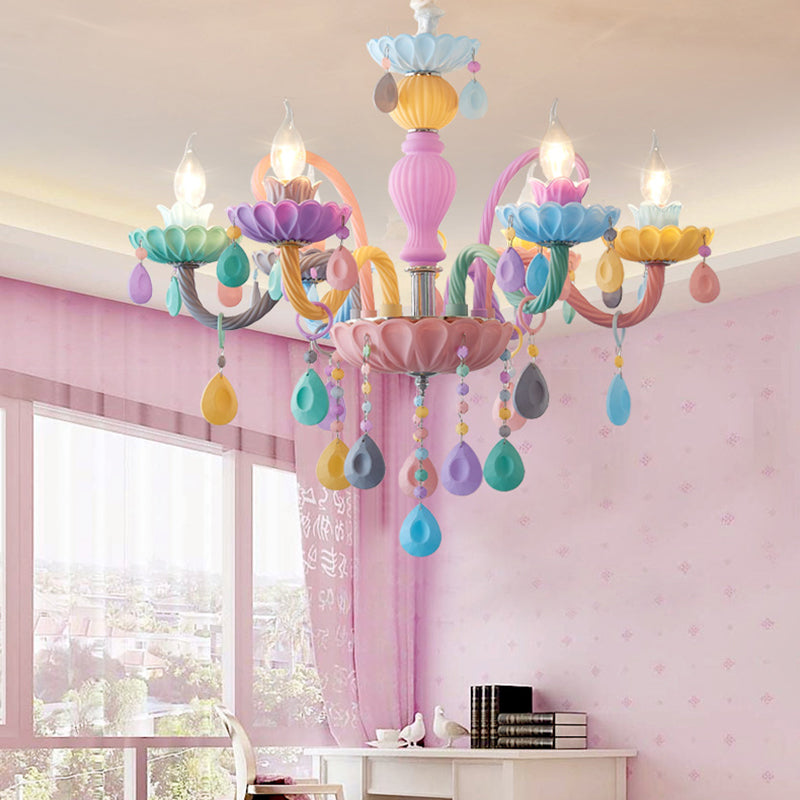 Candle Kid Bedroom Chandelier Glass Macaron Style Multi-Color Suspension Light with Teardrop Crystal Clearhalo 'Ceiling Lights' 'Chandeliers' Lighting' options 196321