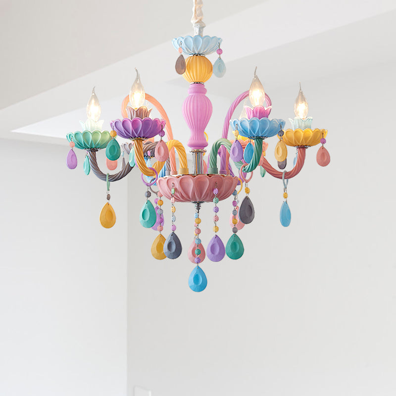 Candle Kid Bedroom Chandelier Glass Macaron Style Multi-Color Suspension Light with Teardrop Crystal Clearhalo 'Ceiling Lights' 'Chandeliers' Lighting' options 196322