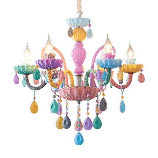 Candle Kid Bedroom Chandelier Glass Macaron Style Multi-Color Suspension Light with Teardrop Crystal Clearhalo 'Ceiling Lights' 'Chandeliers' Lighting' options 196323