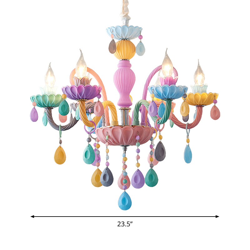 Candle Kid Bedroom Chandelier Glass Macaron Style Multi-Color Suspension Light with Teardrop Crystal Clearhalo 'Ceiling Lights' 'Chandeliers' Lighting' options 196324