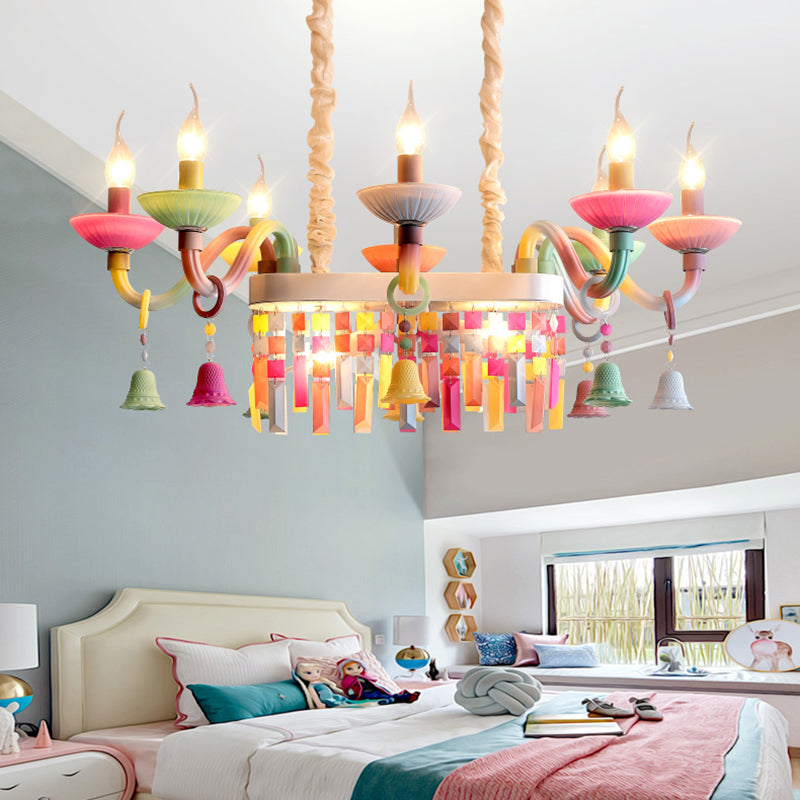 Glass Candle Suspension Light with Little Bell Kid Bedroom Kids Modern Colorful Chandelier White-Pink-Green-Yellow Clearhalo 'Ceiling Lights' 'Chandeliers' Lighting' options 196342_b286ed35-6bb9-45aa-91e2-5c9ff67562d6