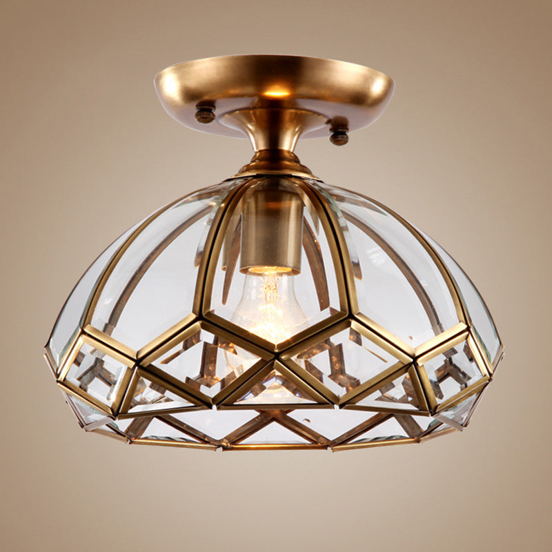 Brass 1-Light Flush Mounted Lamp Colonial Clear Glass Bloom Ceiling Flush Mount Light Clearhalo 'Ceiling Lights' 'Close To Ceiling Lights' 'Close to ceiling' 'Flush mount' Lighting' 1963452