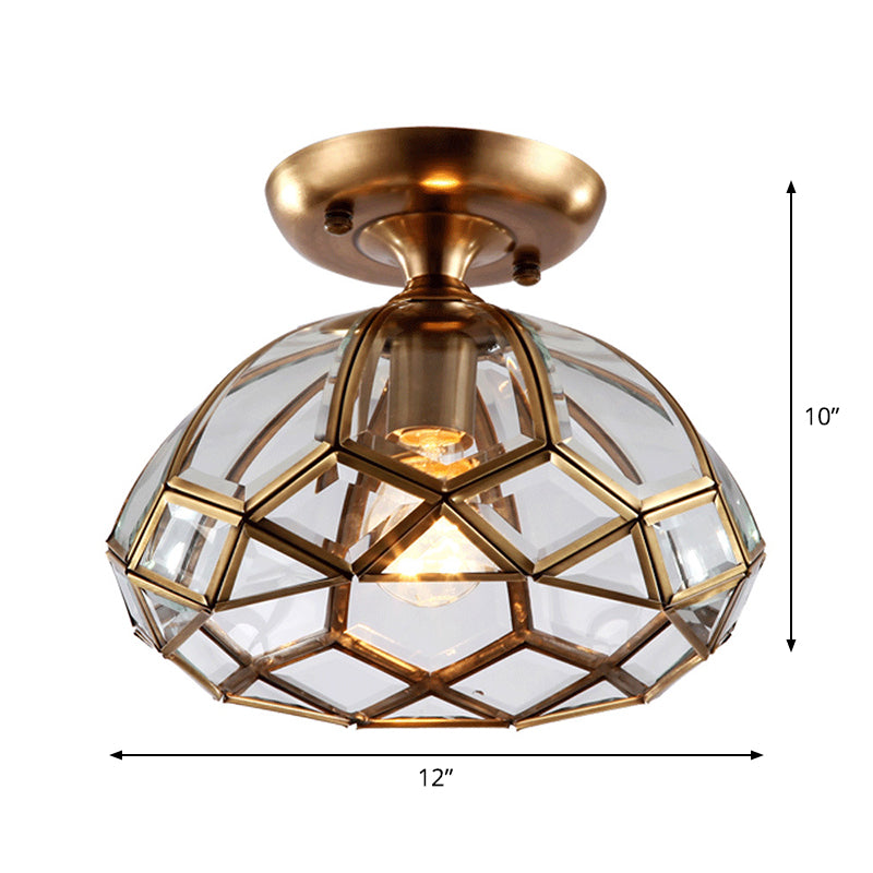 Brass 1-Light Flush Mounted Lamp Colonial Clear Glass Bloom Ceiling Flush Mount Light Clearhalo 'Ceiling Lights' 'Close To Ceiling Lights' 'Close to ceiling' 'Flush mount' Lighting' 1963453