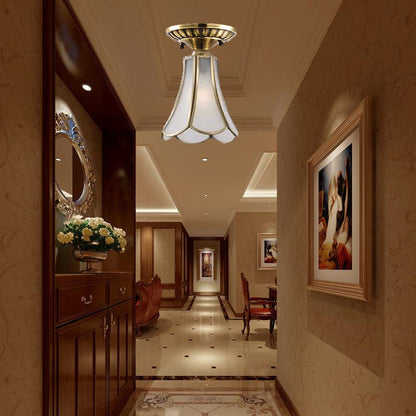 Curved/Cylinder/Flower Frosted Glass Flush Lamp Colonial 1-Light Corridor Flush Mount Light in Brass Brass A Clearhalo 'Ceiling Lights' 'Close To Ceiling Lights' 'Close to ceiling' 'Flush mount' Lighting' 1963460