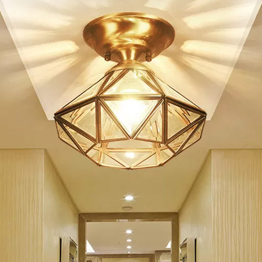 10"/12" W Colonial Diamond Flush Ceiling Light 1-Light Clear Beveled Glass Panels Flush Mount in Brass Brass Clearhalo 'Ceiling Lights' 'Close To Ceiling Lights' 'Close to ceiling' 'Flush mount' Lighting' 1963463