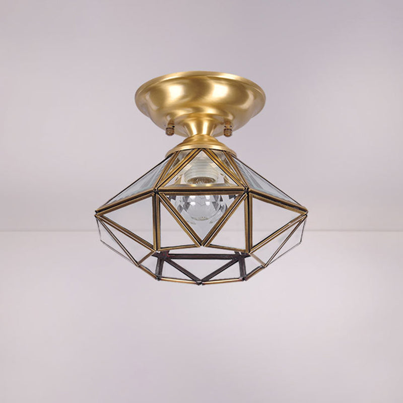 10"/12" W Colonial Diamond Flush Ceiling Light 1-Light Clear Beveled Glass Panels Flush Mount in Brass Clearhalo 'Ceiling Lights' 'Close To Ceiling Lights' 'Close to ceiling' 'Flush mount' Lighting' 1963465