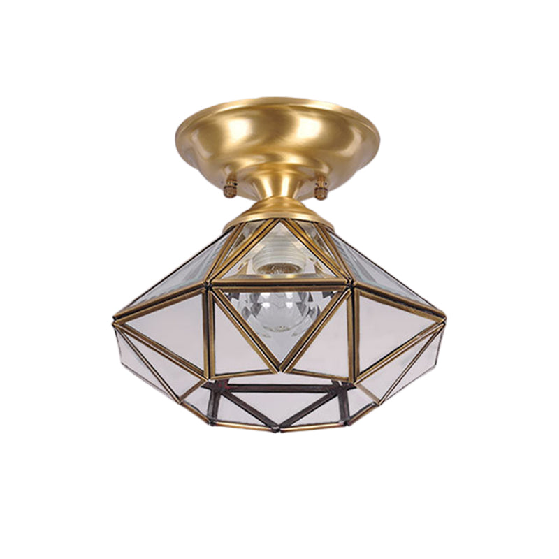 10"/12" W Colonial Diamond Flush Ceiling Light 1-Light Clear Beveled Glass Panels Flush Mount in Brass Clearhalo 'Ceiling Lights' 'Close To Ceiling Lights' 'Close to ceiling' 'Flush mount' Lighting' 1963466