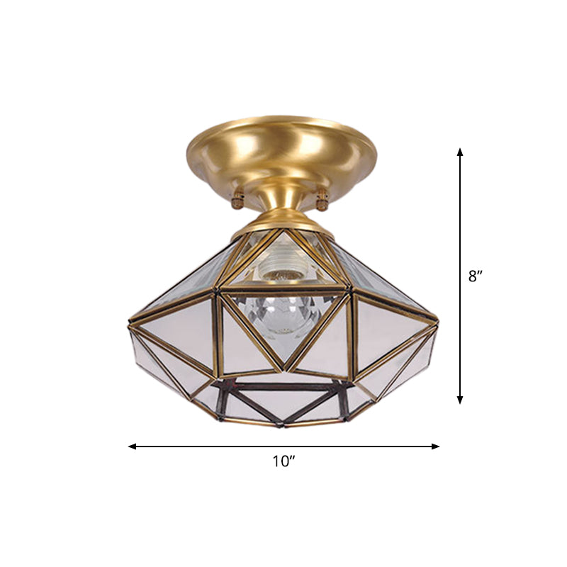 10"/12" W Colonial Diamond Flush Ceiling Light 1-Light Clear Beveled Glass Panels Flush Mount in Brass Clearhalo 'Ceiling Lights' 'Close To Ceiling Lights' 'Close to ceiling' 'Flush mount' Lighting' 1963468