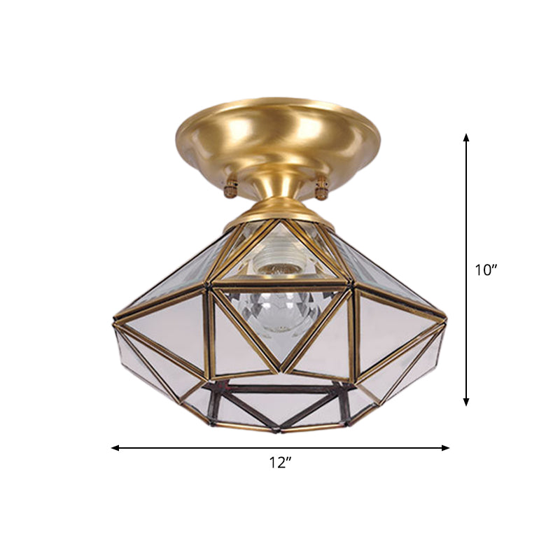 10"/12" W Colonial Diamond Flush Ceiling Light 1-Light Clear Beveled Glass Panels Flush Mount in Brass Clearhalo 'Ceiling Lights' 'Close To Ceiling Lights' 'Close to ceiling' 'Flush mount' Lighting' 1963469