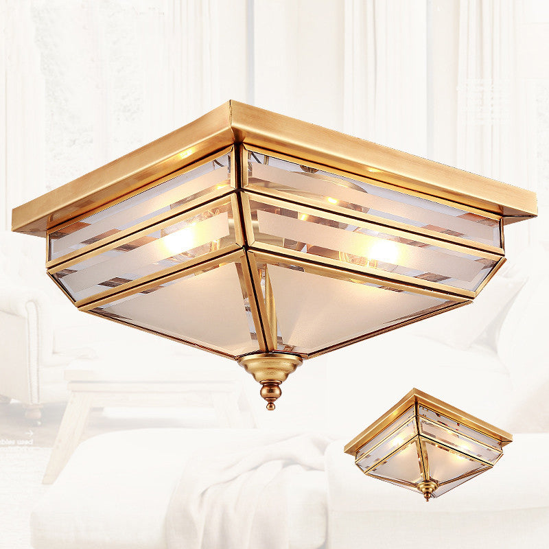 11.5"/16" W Brass 3 Lights Flush Ceiling Lamp Traditional Beveled Glass Square Flush Mount Lighting Brass Clearhalo 'Ceiling Lights' 'Close To Ceiling Lights' 'Close to ceiling' 'Flush mount' Lighting' 1963470