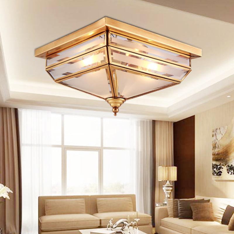 11.5"/16" W Brass 3 Lights Flush Ceiling Lamp Traditional Beveled Glass Square Flush Mount Lighting Clearhalo 'Ceiling Lights' 'Close To Ceiling Lights' 'Close to ceiling' 'Flush mount' Lighting' 1963471