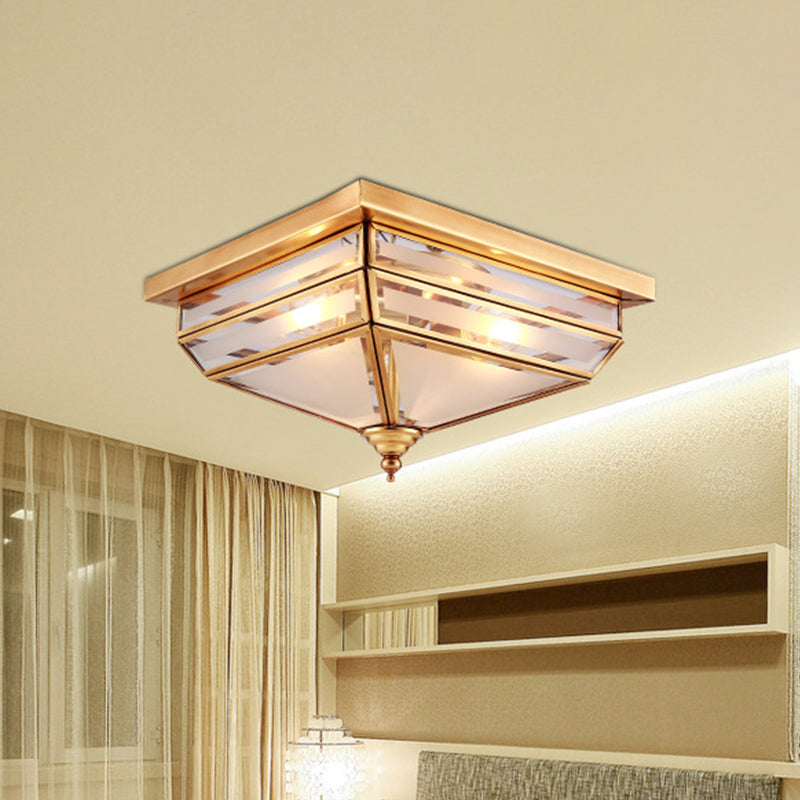 11.5"/16" W Brass 3 Lights Flush Ceiling Lamp Traditional Beveled Glass Square Flush Mount Lighting Clearhalo 'Ceiling Lights' 'Close To Ceiling Lights' 'Close to ceiling' 'Flush mount' Lighting' 1963472