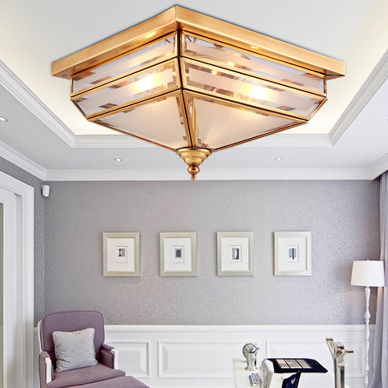 11.5"/16" W Brass 3 Lights Flush Ceiling Lamp Traditional Beveled Glass Square Flush Mount Lighting Clearhalo 'Ceiling Lights' 'Close To Ceiling Lights' 'Close to ceiling' 'Flush mount' Lighting' 1963473