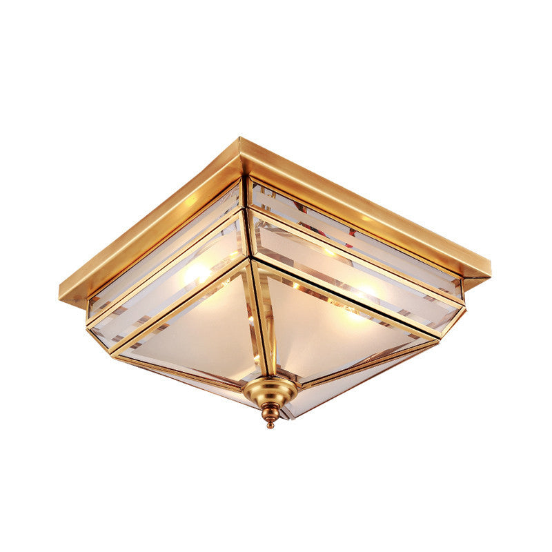 11.5"/16" W Brass 3 Lights Flush Ceiling Lamp Traditional Beveled Glass Square Flush Mount Lighting Clearhalo 'Ceiling Lights' 'Close To Ceiling Lights' 'Close to ceiling' 'Flush mount' Lighting' 1963474