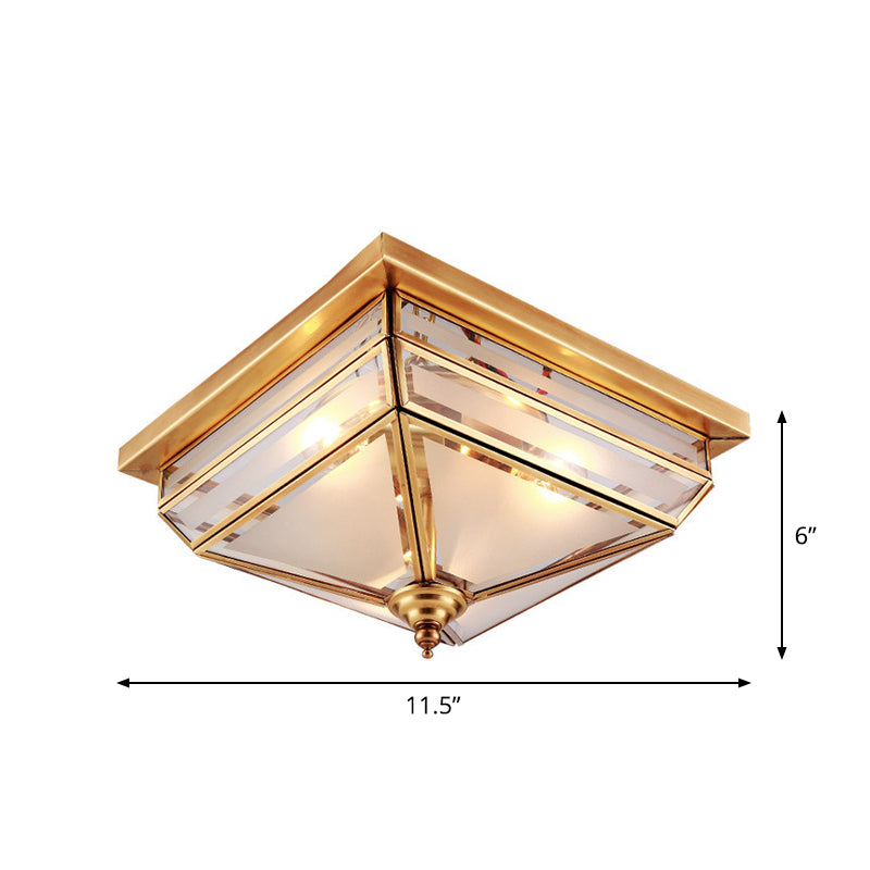 11.5"/16" W Brass 3 Lights Flush Ceiling Lamp Traditional Beveled Glass Square Flush Mount Lighting Clearhalo 'Ceiling Lights' 'Close To Ceiling Lights' 'Close to ceiling' 'Flush mount' Lighting' 1963475