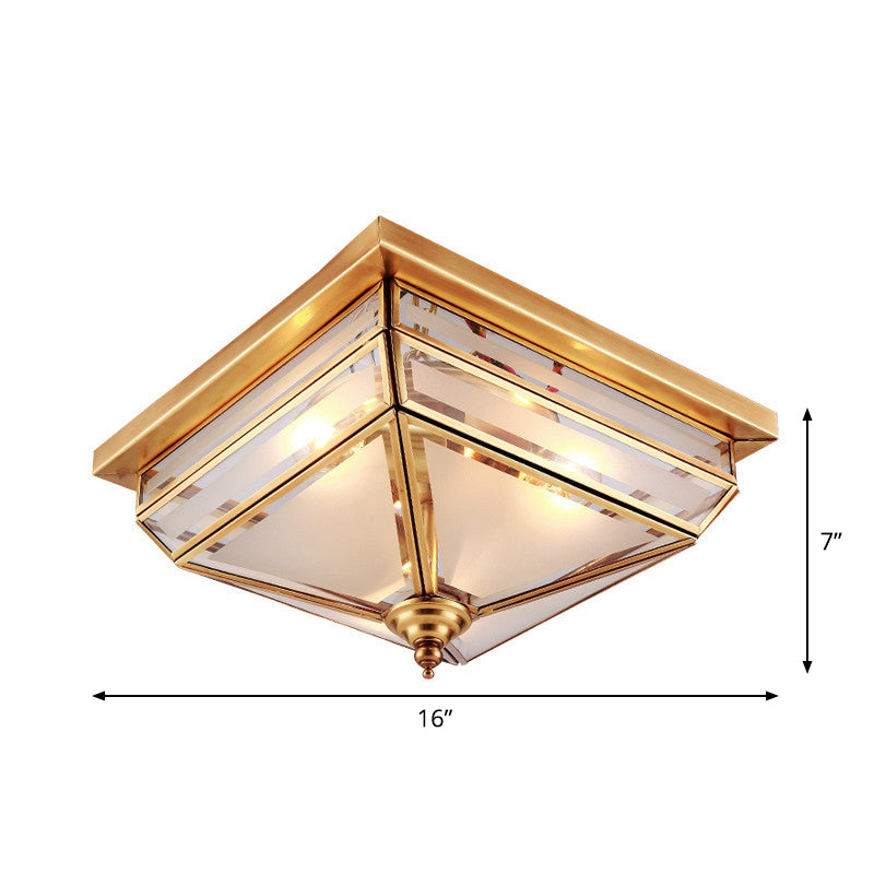 11.5"/16" W Brass 3 Lights Flush Ceiling Lamp Traditional Beveled Glass Square Flush Mount Lighting Clearhalo 'Ceiling Lights' 'Close To Ceiling Lights' 'Close to ceiling' 'Flush mount' Lighting' 1963476