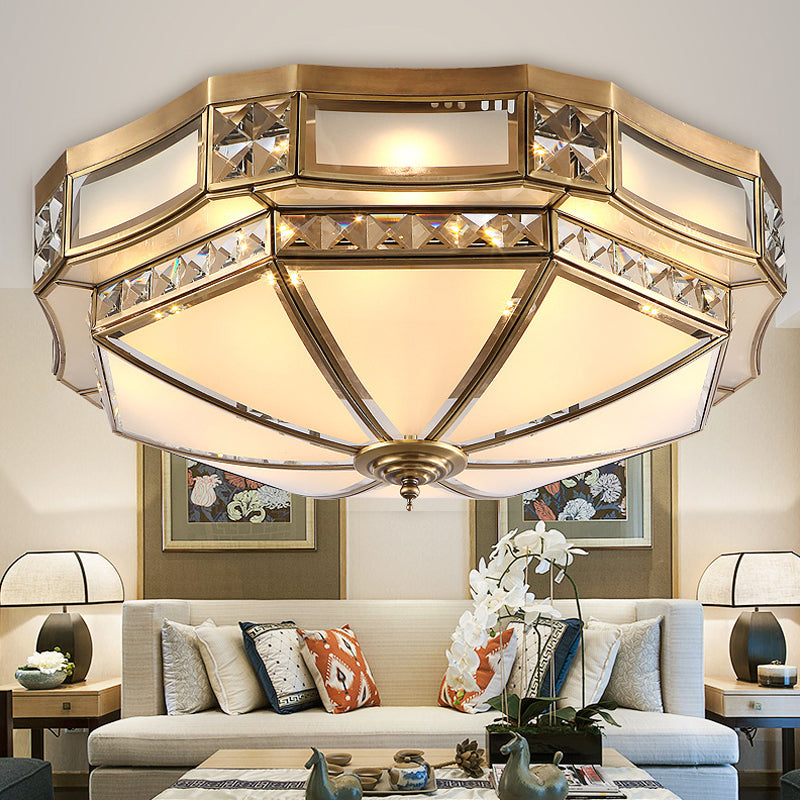 3/4/6 Lights Round Small/Medium/Large Flush Mount Colonial Antique Brass Frosted Glass Flush Ceiling Lighting Brass Clearhalo 'Ceiling Lights' 'Close To Ceiling Lights' 'Close to ceiling' 'Flush mount' Lighting' 1963477