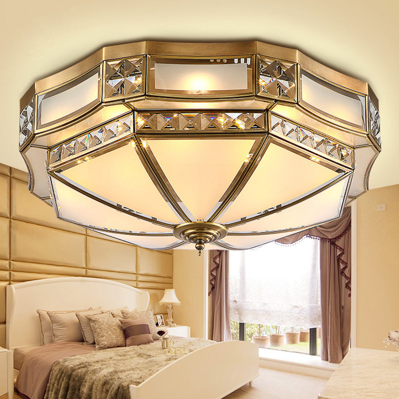 3/4/6 Lights Round Small/Medium/Large Flush Mount Colonial Antique Brass Frosted Glass Flush Ceiling Lighting Clearhalo 'Ceiling Lights' 'Close To Ceiling Lights' 'Close to ceiling' 'Flush mount' Lighting' 1963478