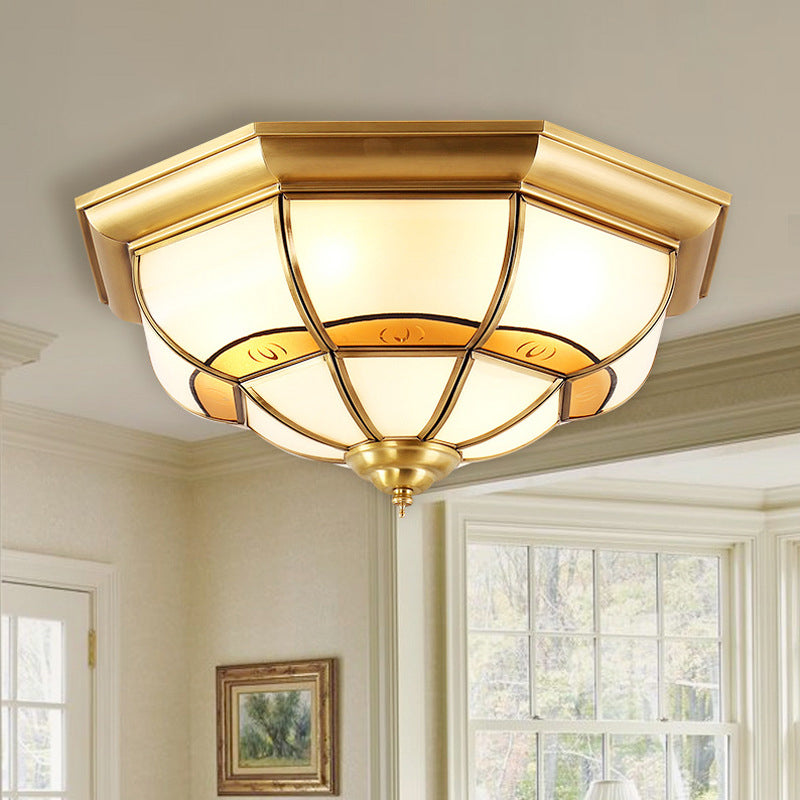 3/4/6 Lights Octagonal Flush Light Vintage Brass Frosted Glass Panel Small/Medium/Large Ceiling Lamp Brass A Clearhalo 'Ceiling Lights' 'Close To Ceiling Lights' 'Close to ceiling' 'Flush mount' Lighting' 1963491