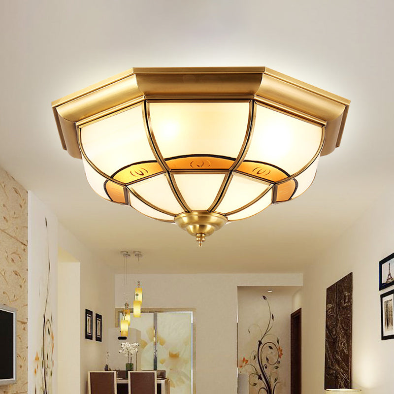 3/4/6 Lights Octagonal Flush Light Vintage Brass Frosted Glass Panel Small/Medium/Large Ceiling Lamp Clearhalo 'Ceiling Lights' 'Close To Ceiling Lights' 'Close to ceiling' 'Flush mount' Lighting' 1963492