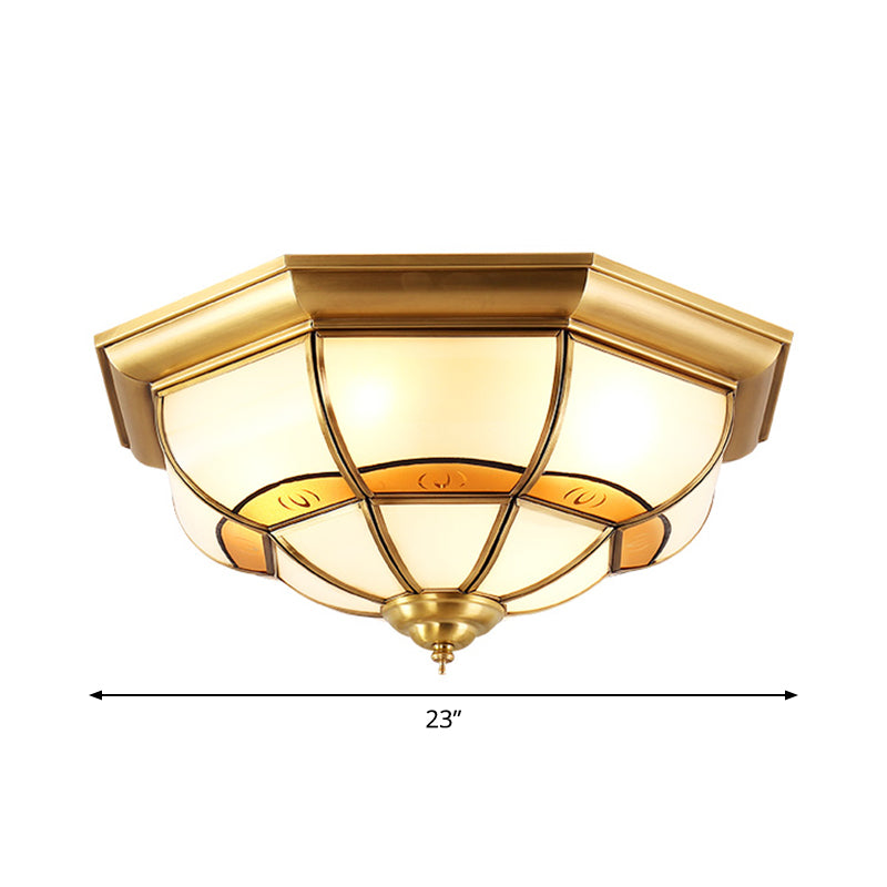 3/4/6 Lights Octagonal Flush Light Vintage Brass Frosted Glass Panel Small/Medium/Large Ceiling Lamp Clearhalo 'Ceiling Lights' 'Close To Ceiling Lights' 'Close to ceiling' 'Flush mount' Lighting' 1963497