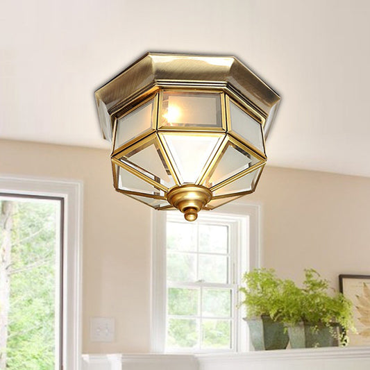 13"/15" W 2 Lights Frosted Glass Flush Mount Lamp Vintage Brass Octagon Living Room Flush Ceiling Light Brass Clearhalo 'Ceiling Lights' 'Close To Ceiling Lights' 'Close to ceiling' 'Flush mount' Lighting' 1963498