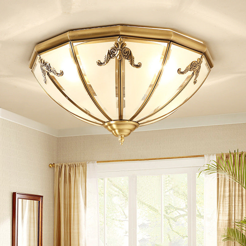 14"/18" W 3/4 Lights Flush Mount Traditional Living Room Ceiling Light with Bowl Frosted Glass Panel Shade in Brass Brass Clearhalo 'Ceiling Lights' 'Close To Ceiling Lights' 'Close to ceiling' 'Flush mount' Lighting' 1963505