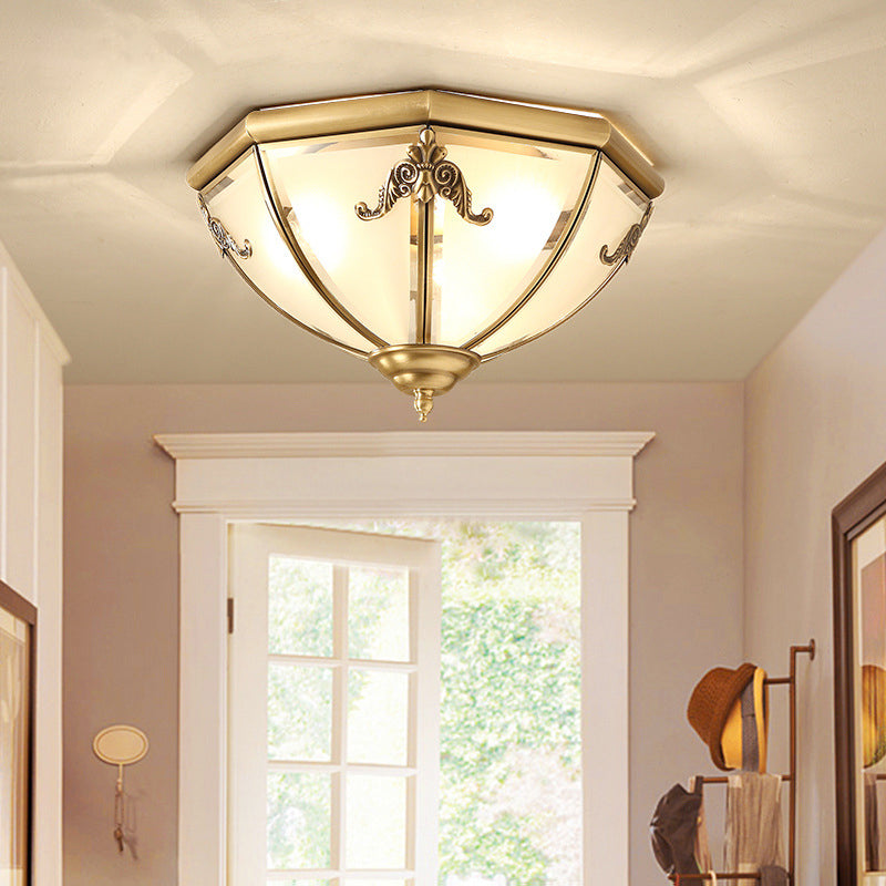 14"/18" W 3/4 Lights Flush Mount Traditional Living Room Ceiling Light with Bowl Frosted Glass Panel Shade in Brass Clearhalo 'Ceiling Lights' 'Close To Ceiling Lights' 'Close to ceiling' 'Flush mount' Lighting' 1963507